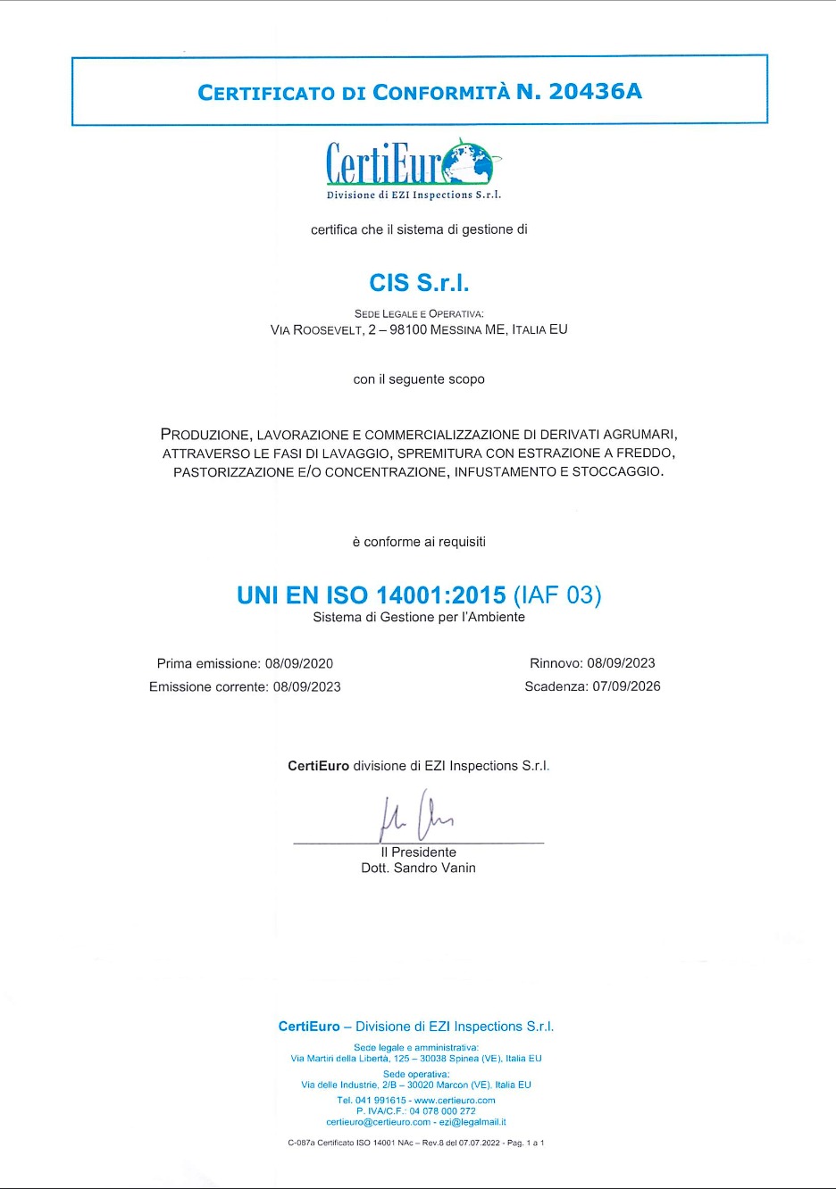 ISO 14001 certificate