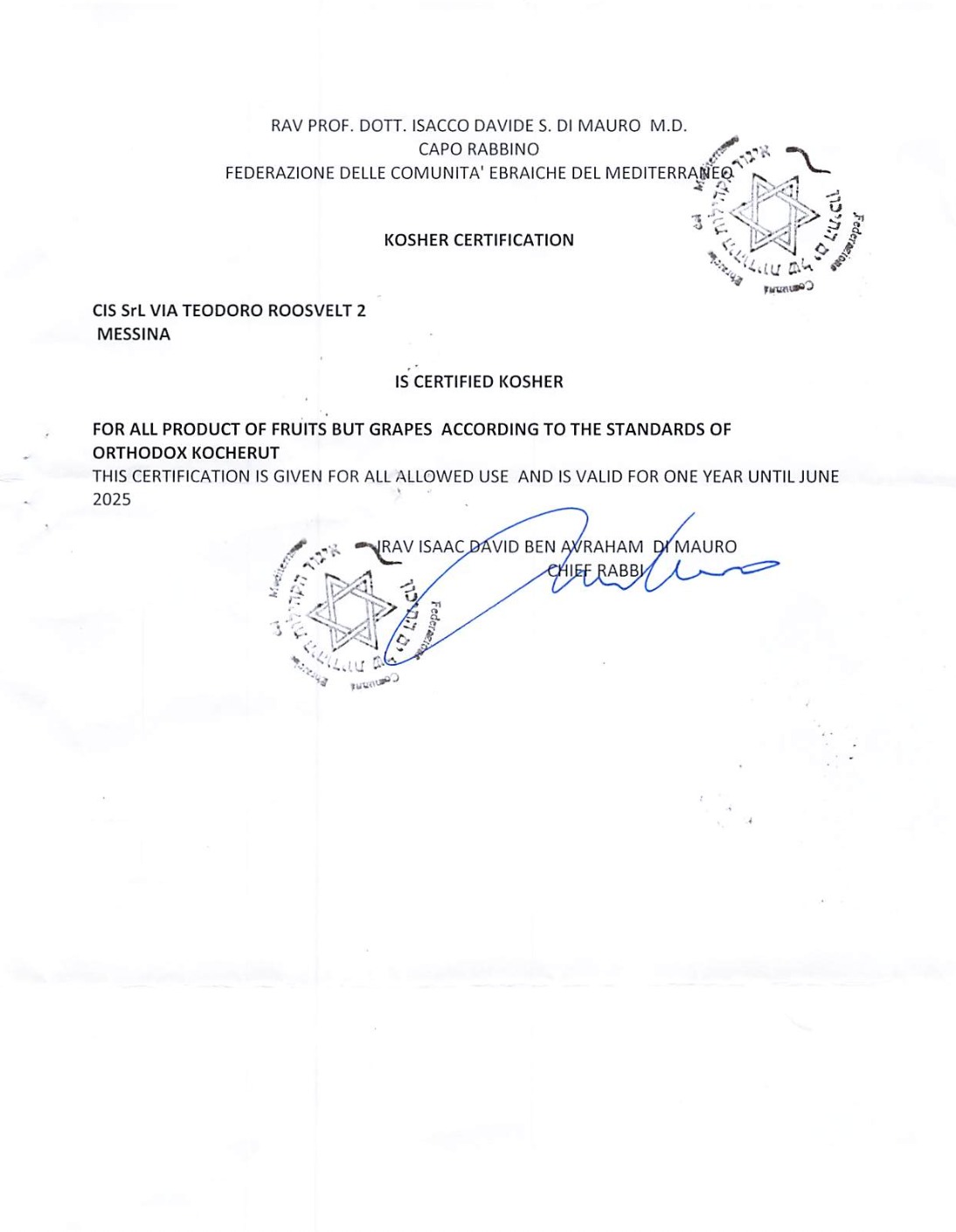 Kosher certificate